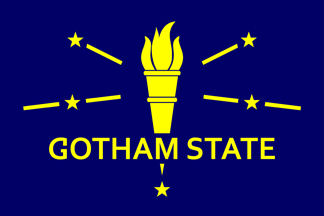 [Blue flag bearing a torch with rays and stars, and the name, all yellow]