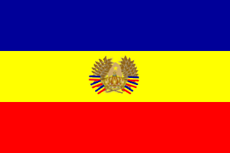 [Moldovan flag with horizontal stripes and different charge.]