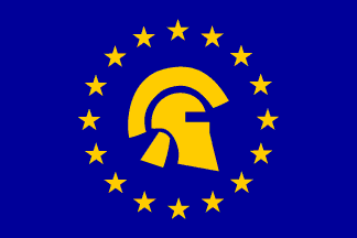 [Blue with a golden full helmet turned towards the hoist, surrounded by a circle of sixteen upright stars]