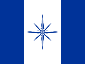 [Blue with wide vertical white stripe, bearing eightpointed blue and white faceted star.]