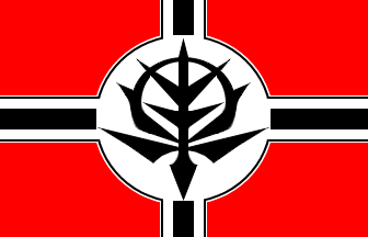 [Sigil of Zeon, black cross fimbriated white overall, behind the disk]