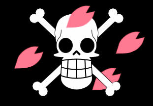 [Skull on bones with red/pink pedals all around]