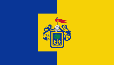Alternative flag of Jalisco: blue-yellow vertical bicolor with the coat of arms of Guadalajara on a yellow square